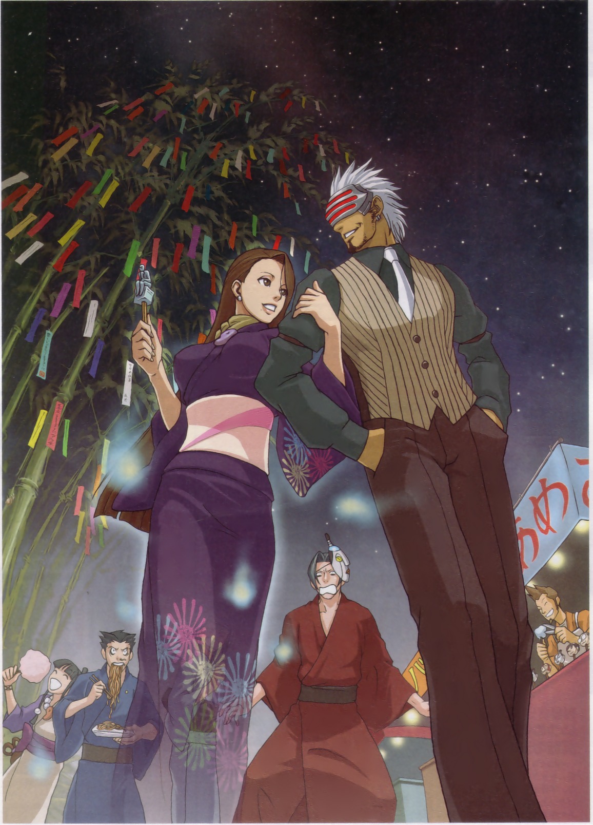 edaki shin'ya, franziska von karma, godot (ace attorney), larry butz, maya fey, mia fey, miles edgeworth, pearl fey, phoenix wright, wendy oldbag, ace attorney, capcom, phoenix wright: ace attorney – trials and tribulations, highres, official art, 3girls, ^ ^, alternate costume, arm garter, bamboo, black hair, blunt bangs, brown hair, candy, chopsticks, closed eyes, cotton candy, cousins, earrings, eating, festival, fingernails, food, food stand, ghost, grin, hair intakes, hair rings, hands in pockets, holding, holding cotton candy, holding food, japanese clothes, jewelry, kimono, lipstick, locked arms, long hair, magatama, makeup, mask, multiple girls, necklace, necktie, night, night sky, noodles, open mouth, pants, sash, scared, scissors, siblings, sisters, sky, smile, star (sky), summer festival, surprised, swept bangs, tanabata, tanzaku, topknot, vest, white hair, wide-eyed, wide sleeves, yakisoba, yukata