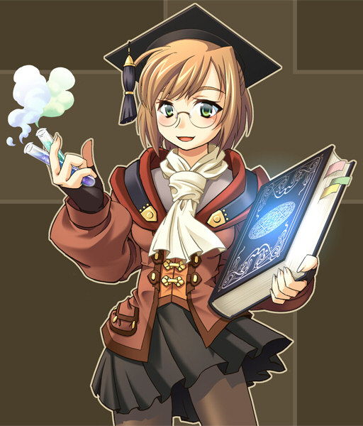 katy (artist), scholar (final fantasy), final fantasy, final fantasy xi, 00s, 1girl, black hat, book, female focus, glasses, half updo, hat, hume, pantyhose, round eyewear, skirt, solo