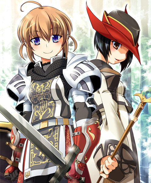 katy (artist), paladin (final fantasy), red mage (final fantasy), final fantasy, final fantasy xi, 00s, 2girls, hat, multiple girls, paladin, sword, weapon