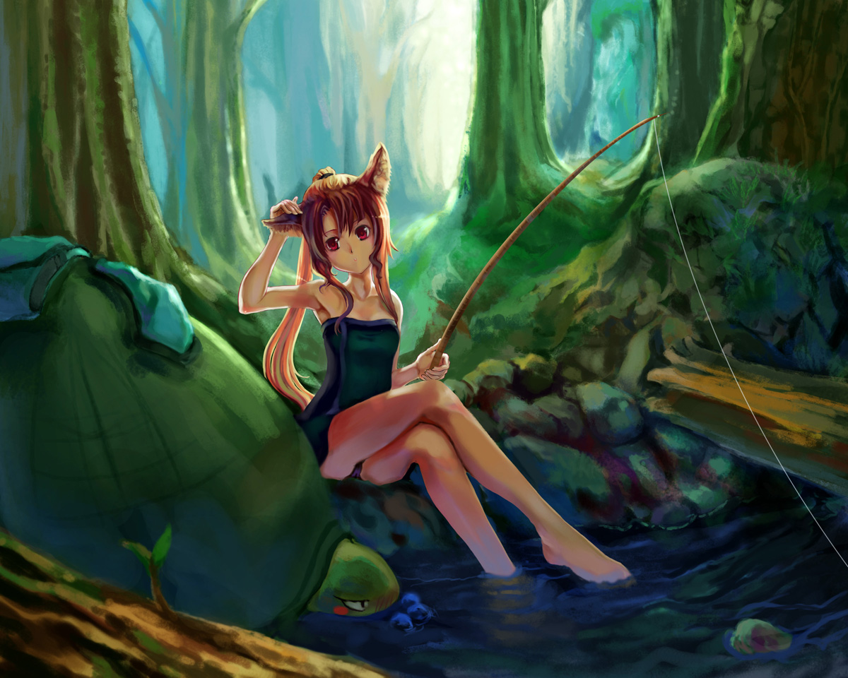 st.microscope, original, 1girl, animal ears, arm up, armpits, bare legs, barefoot, blush, brown hair, dress, feet, female focus, fishing, fishing rod, forest, hand on own ear, head tilt, legs, long hair, nature, outdoors, ponytail, sitting, soaking feet, solo, strapless, strapless dress, swimsuit, turtle, water