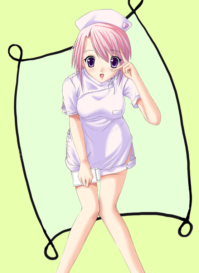 iyume, hat, notebook, nurse, pink hair, purple eyes, short hair, solo