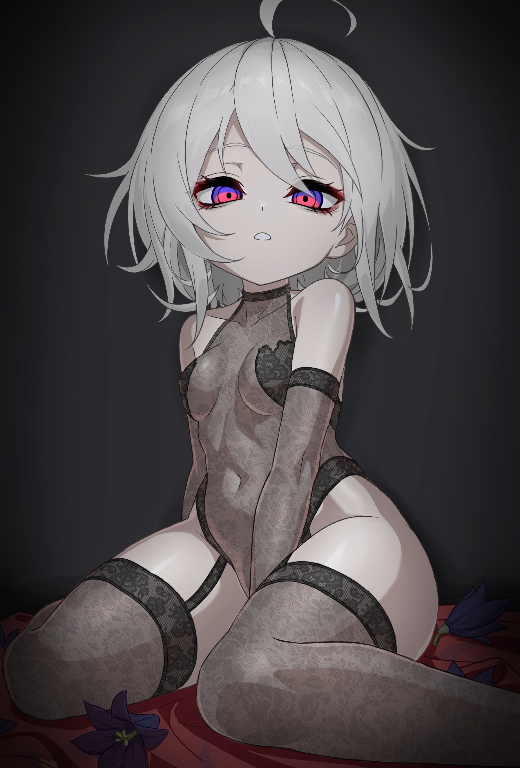 eha7y, original, absurdres, highres, protected link, 1girl, ahoge, between legs, black gloves, black leotard, black thighhighs, breasts, covered navel, elbow gloves, flower, garter straps, gloves, hand between legs, highleg, highleg leotard, leotard, looking at viewer, open mouth, red eyes, short hair, sitting, small breasts, solo, thighhighs, thighs, white hair