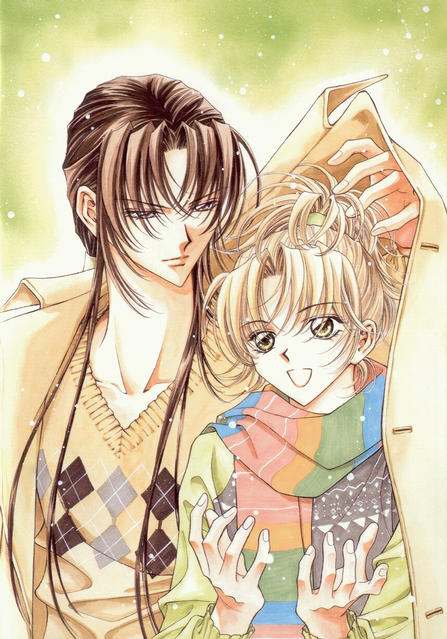 blonde hair, brown hair, demon diary, open mouth, scarf, sweater, yellow eyes
