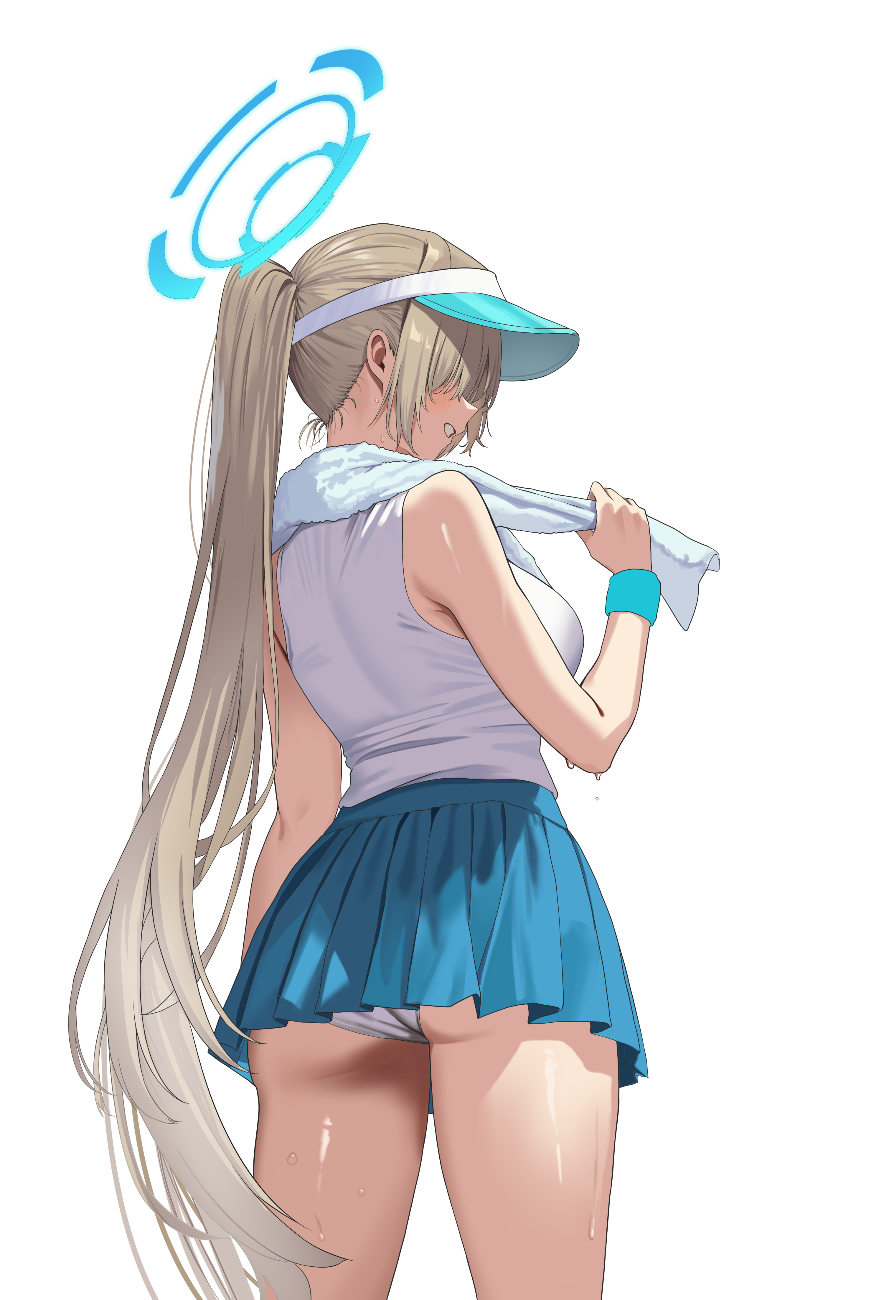 hidis0086, asuna (blue archive), blue archive, absurdres, commentary request, highres, 1girl, alternate costume, ass, bare arms, bare shoulders, blue halo, blue skirt, blush, breasts, brown hair, from behind, halo, large breasts, long hair, miniskirt, panties, pleated skirt, ponytail, shirt, shirt tucked in, simple background, skirt, smile, solo, sportswear, sweat, tennis uniform, thighs, towel, underwear, very long hair, white background, white panties, white shirt