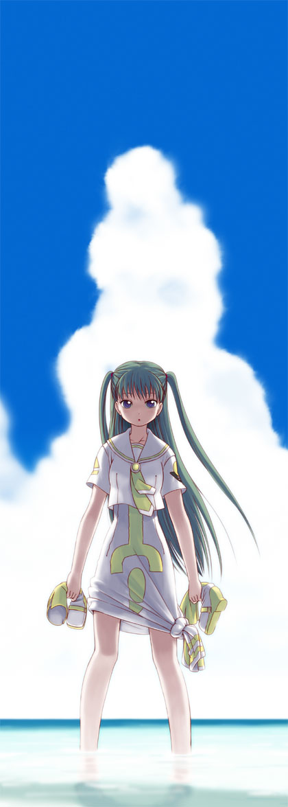 nagian, alice carroll, aria (manga), uniform, 00s, 1girl, blouse, blue eyes, boots, cloud, day, dress, female focus, green hair, long hair, necktie, shirt, sky, solo, twintails, two side up, wading, water, white shirt