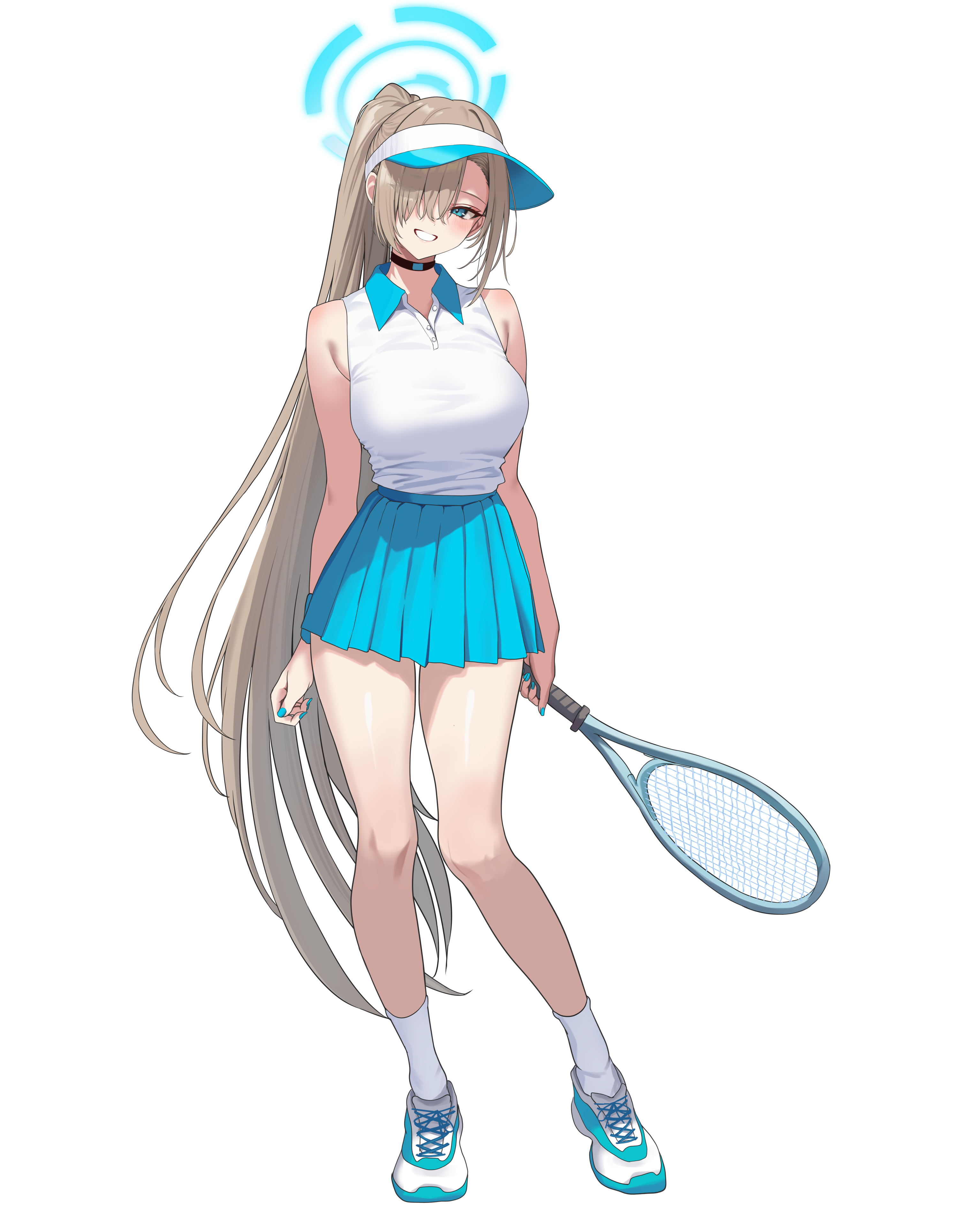 hidis0086, asuna (blue archive), blue archive, absurdres, highres, 1girl, alternate costume, aqua eyes, aqua halo, aqua nails, bare arms, bare shoulders, black choker, blue skirt, blush, breasts, brown hair, choker, collared shirt, full body, hair over one eye, halo, holding, holding tennis racket, large breasts, long hair, looking at viewer, miniskirt, nail polish, one eye covered, pleated skirt, ponytail, racket, shirt, shirt tucked in, shoes, simple background, skirt, smile, sneakers, socks, solo, sportswear, standing, tennis racket, tennis uniform, thighs, very long hair, visor cap, white background, white shirt, white socks