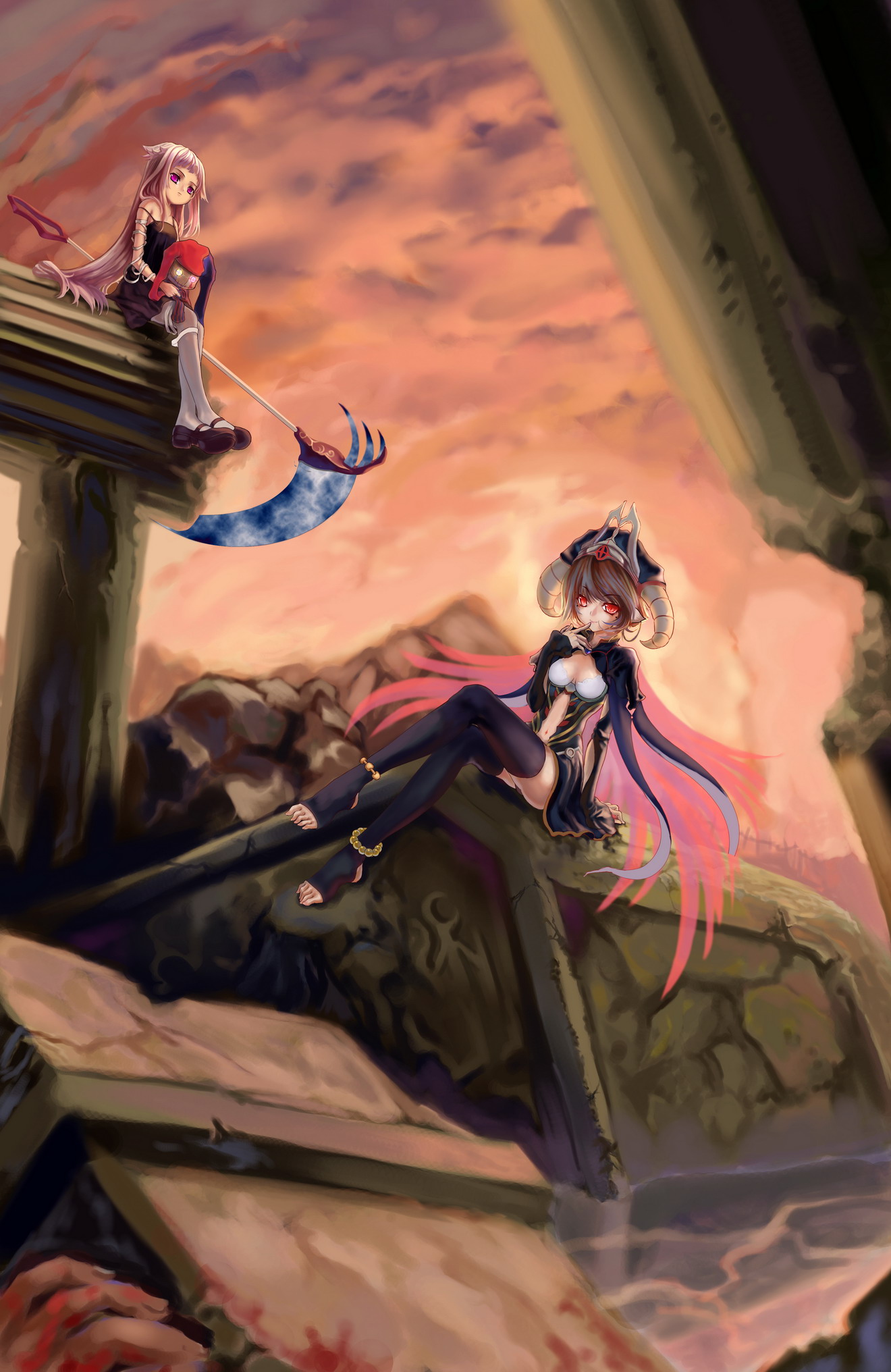 st.microscope, original, bad id, bad pixiv id, highres, blonde hair, blue eyes, brown hair, hat, horns, legs, long hair, ruins, scythe, short hair, stuffed animal, stuffed toy