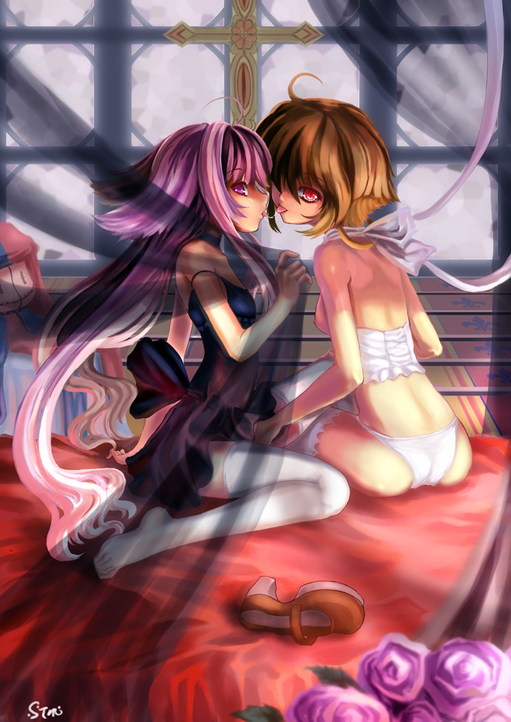 st.microscope, original, 2girls, breasts, brown hair, cross, curtains, feet, flower, kiss, legs, lingerie, long hair, multiple girls, nipples, panties, pink hair, purple eyes, red eyes, ribbon, saliva, saliva trail, see-through clothes, short hair, sideboob, sitting, small breasts, strap slip, thighhighs, tongue, underwear, very long hair, white panties, yuri