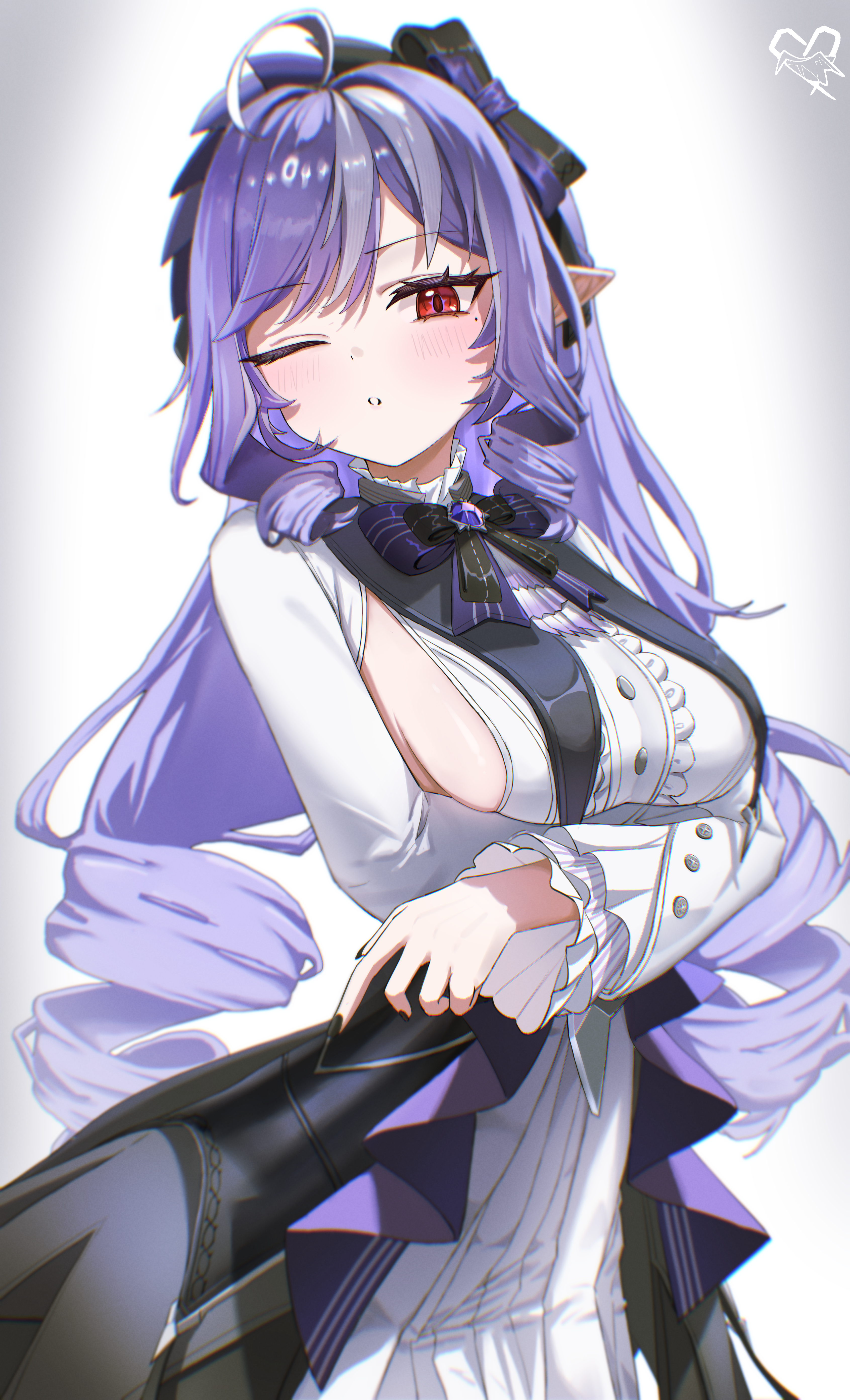 champ4ne, vivian banshee, zenless zone zero, absurdres, commentary, english commentary, highres, 1girl, ;o, ahoge, arms under breasts, black nails, breasts, center frills, crossed arms, drill hair, frills, grey background, long hair, long sleeves, looking at viewer, mole, mole under eye, one eye closed, parted lips, pointy ears, purple hair, red eyes, sideboob, simple background, solo