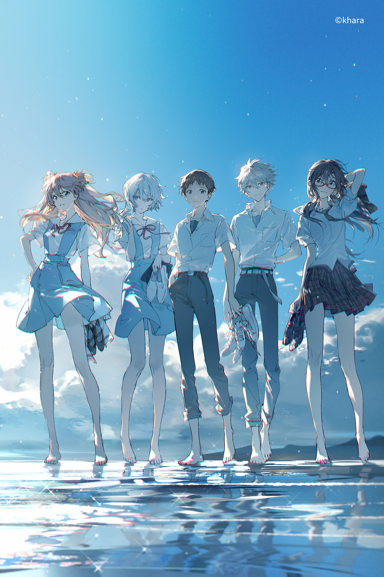 rella, ayanami rei, ikari shinji, makinami mari illustrious, nagisa kaworu, souryuu asuka langley, neon genesis evangelion, rebuild of evangelion, highres, key visual, official art, promotional art, 2boys, 3girls, arm behind head, barefoot, belt, black belt, black necktie, black pants, blue dress, blue eyes, blue hair, blue shirt, blue sky, blue vest, brown hair, closed mouth, cloud, collared shirt, dress, full body, glasses, hand in pocket, holding, holding shoes, holding unworn clothes, light smile, long hair, looking at viewer, looking to the side, loose necktie, medium skirt, multiple boys, multiple girls, necktie, orange hair, pants, pants rolled up, red-framed eyewear, red eyes, red ribbon, reflection, reflective water, ribbon, school uniform, shirt, shoes, short hair, short sleeves, side-by-side, skirt, sky, standing, tokyo-3 middle school uniform, twintails, unworn shoes, vest, water, white belt, white hair, white shirt, white shoes