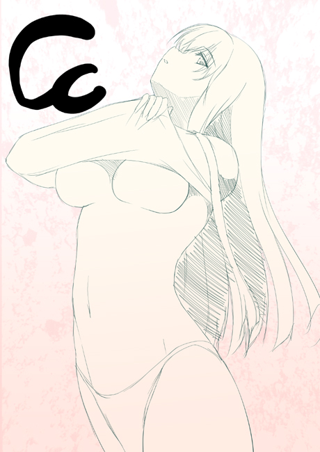 nakano sora, c.c., code geass, 00s, 1girl, arched back, breasts, clothes lift, crossed arms, female focus, large breasts, long hair, monochrome, no bra, panties, shirt lift, sketch, solo, standing, underboob, underwear, undressing