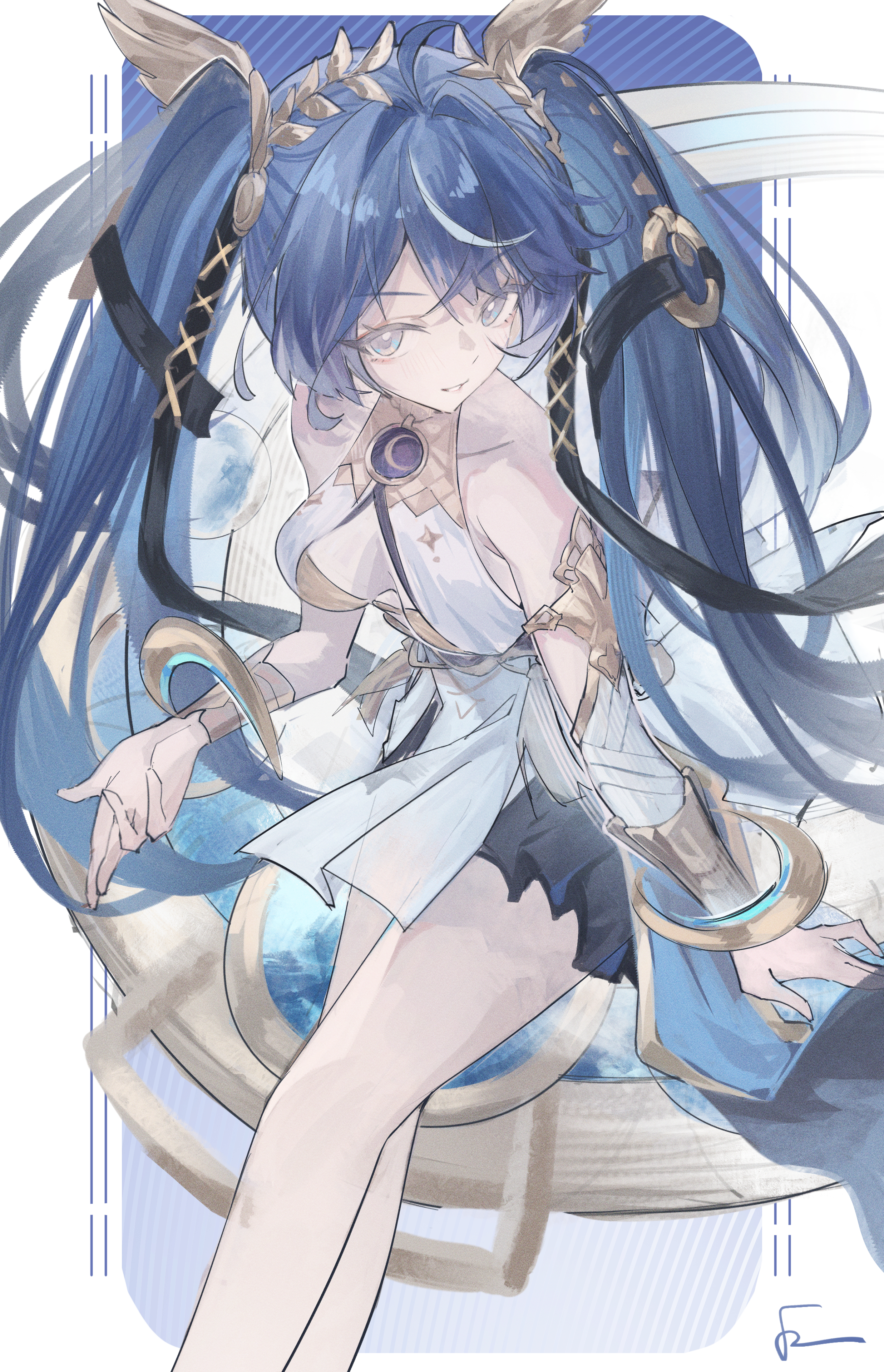 xinrouyu, iuno (wuthering waves), wuthering waves, absurdres, commentary, highres, 1girl, ahoge, ancient greek clothes, bare shoulders, black skirt, blue eyes, blue hair, breasts, cleavage, feet out of frame, gold bra, greco-roman clothes, hair belt, hair intakes, head wreath, long hair, looking at viewer, medium breasts, miniskirt, multicolored hair, parted lips, skirt, smile, solo, streaked hair, twintails, very long hair