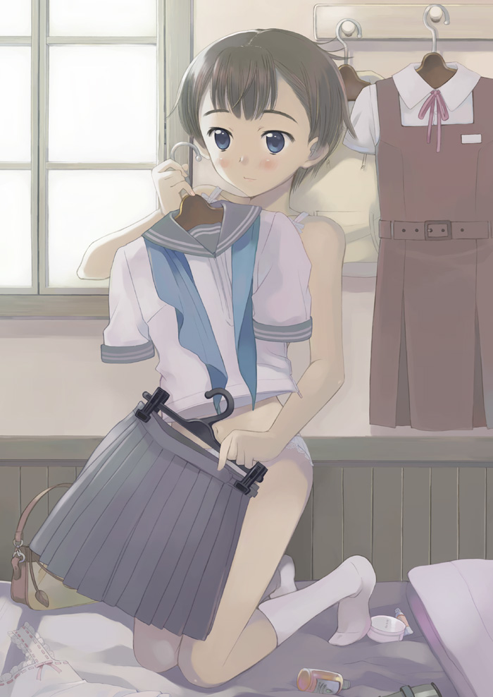 kazuto izumi, original, 1girl, bag, bare shoulders, bed, blue eyes, brown hair, clothes hanger, clothes in front, covering privates, female focus, handbag, lace, lace-trimmed panties, lace trim, panties, school uniform, serafuku, short hair, solo, underwear, white panties
