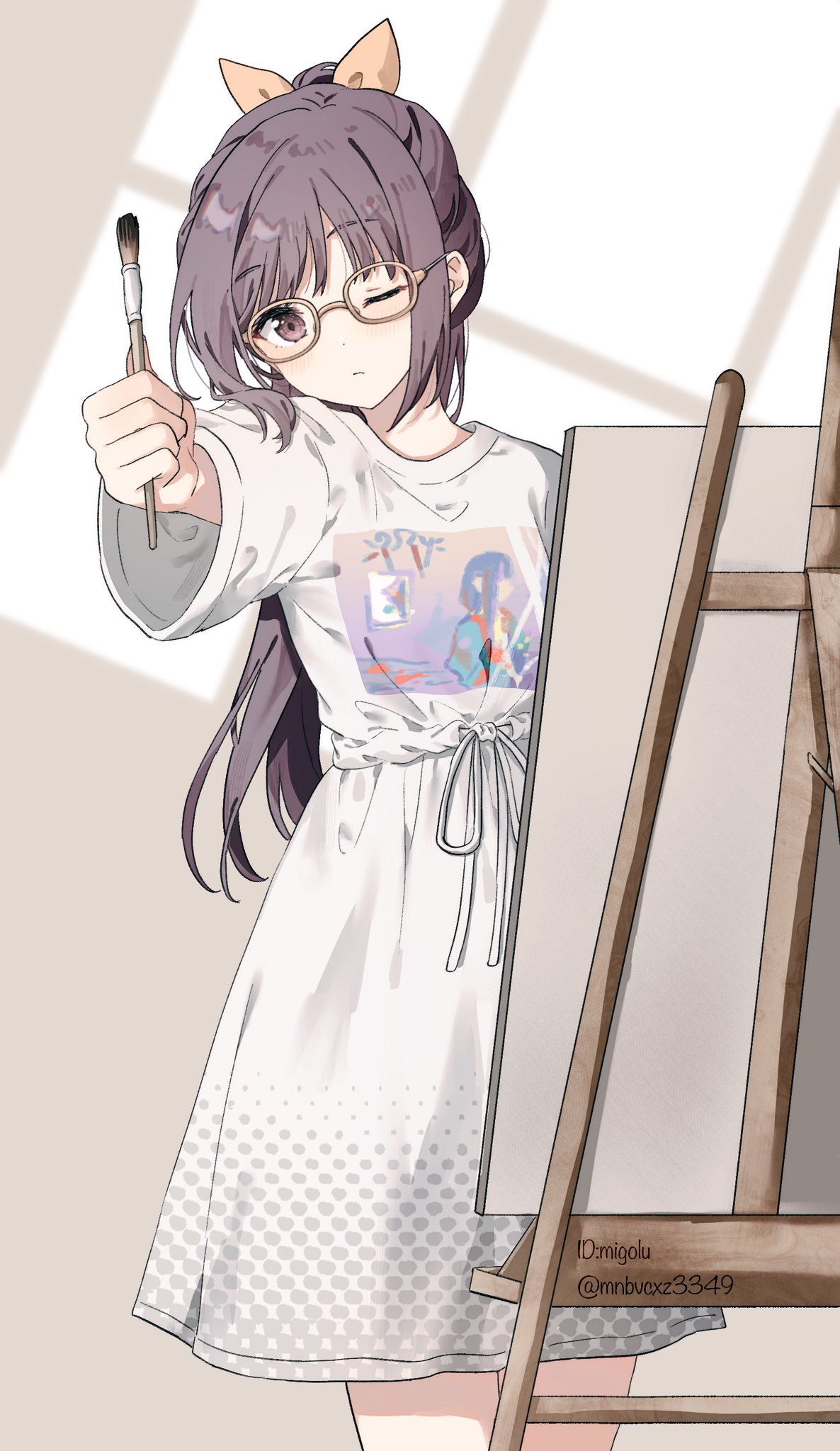 migolu, shinonome ena, project sekai, highres, 1girl, artist name, bespectacled, bloom festival (project sekai), blush, brown eyes, brown hair, canvas (object), closed mouth, cowboy shot, dress, glasses, hair ribbon, halftone, holding, holding paintbrush, long hair, looking at viewer, medium dress, official alternate costume, official alternate hair length, official alternate hairstyle, one eye closed, orange ribbon, outstretched arm, paintbrush, ponytail, ribbon, round collar, short sleeves, sidelocks, sighting, solo, standing, twitter username, white dress, white ribbon, wide sleeves, yellow-framed eyewear