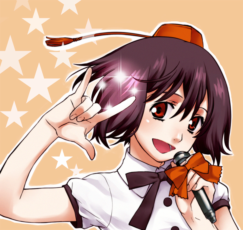 fummy, ranka lee, shameimaru aya, macross, macross frontier, touhou, 1girl, m/, brown hair, female focus, hat, looking at viewer, microphone, open mouth, parody, red eyes, seikan hikou, short hair, smile, solo, star (symbol), tokin hat