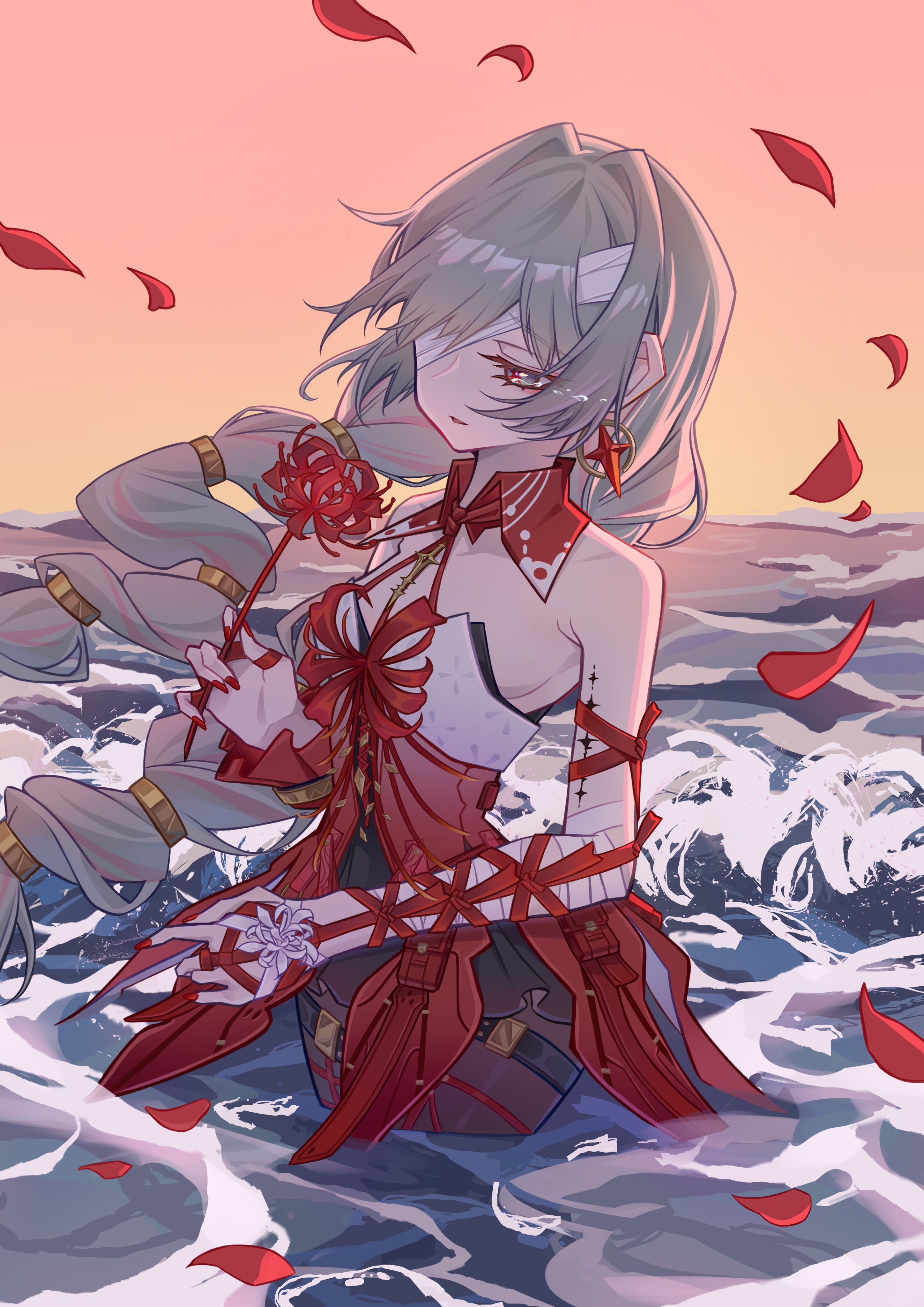 udon (bilibili 357613), phrolova (wuthering waves), wuthering waves, absurdres, highres, 1girl, bandage over one eye, bandaged arm, bandages, bare shoulders, black pantyhose, black skirt, braid, breasts, dawn, dress, earrings, fingernails, flower, grey eyes, grey hair, half-closed eyes, halter dress, halterneck, holding, holding flower, jewelry, long hair, looking ahead, low twin braids, medium breasts, missing commentary, multicolored hair, nail polish, outdoors, pantyhose, parted lips, red dress, red nails, red petals, skirt, solo, spider lily, streaked hair, tacet mark (wuthering waves), tears, twin braids, wading