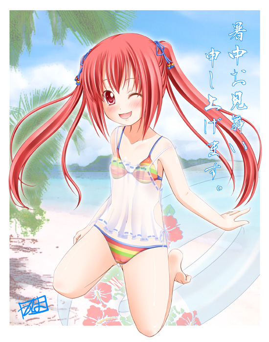 tsukuyo (artist), kooh (pangya), original, pangya, bikini, day, flat chest, see-through clothes, solo, striped bikini, striped clothes, swimsuit, twintails