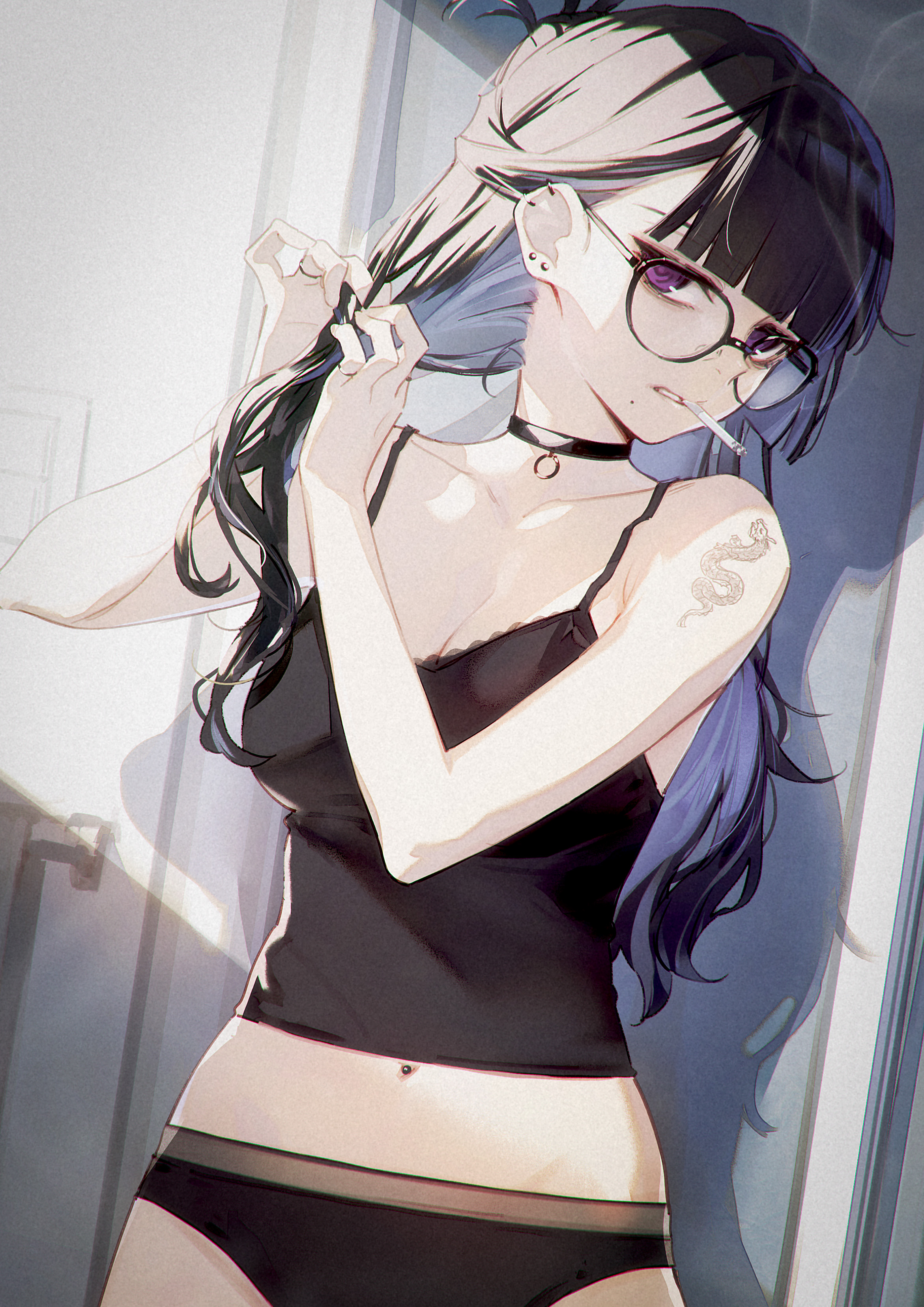 fuyuno yuuki, original, absurdres, highres, 1girl, black hair, black panties, blue hair, breasts, camisole, choker, cigarette, colored inner hair, ear piercing, glasses, kagurazaka mei (fuyuno yuuki), large breasts, long hair, multicolored hair, panties, piercing, purple eyes, smoking, solo, tattoo, two-tone hair, underwear, underwear only