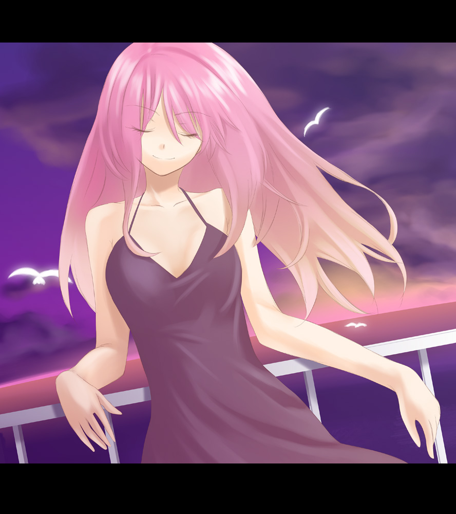 unowen, original, 1girl, bird, closed eyes, dress, female focus, letterboxed, long hair, pink hair, solo