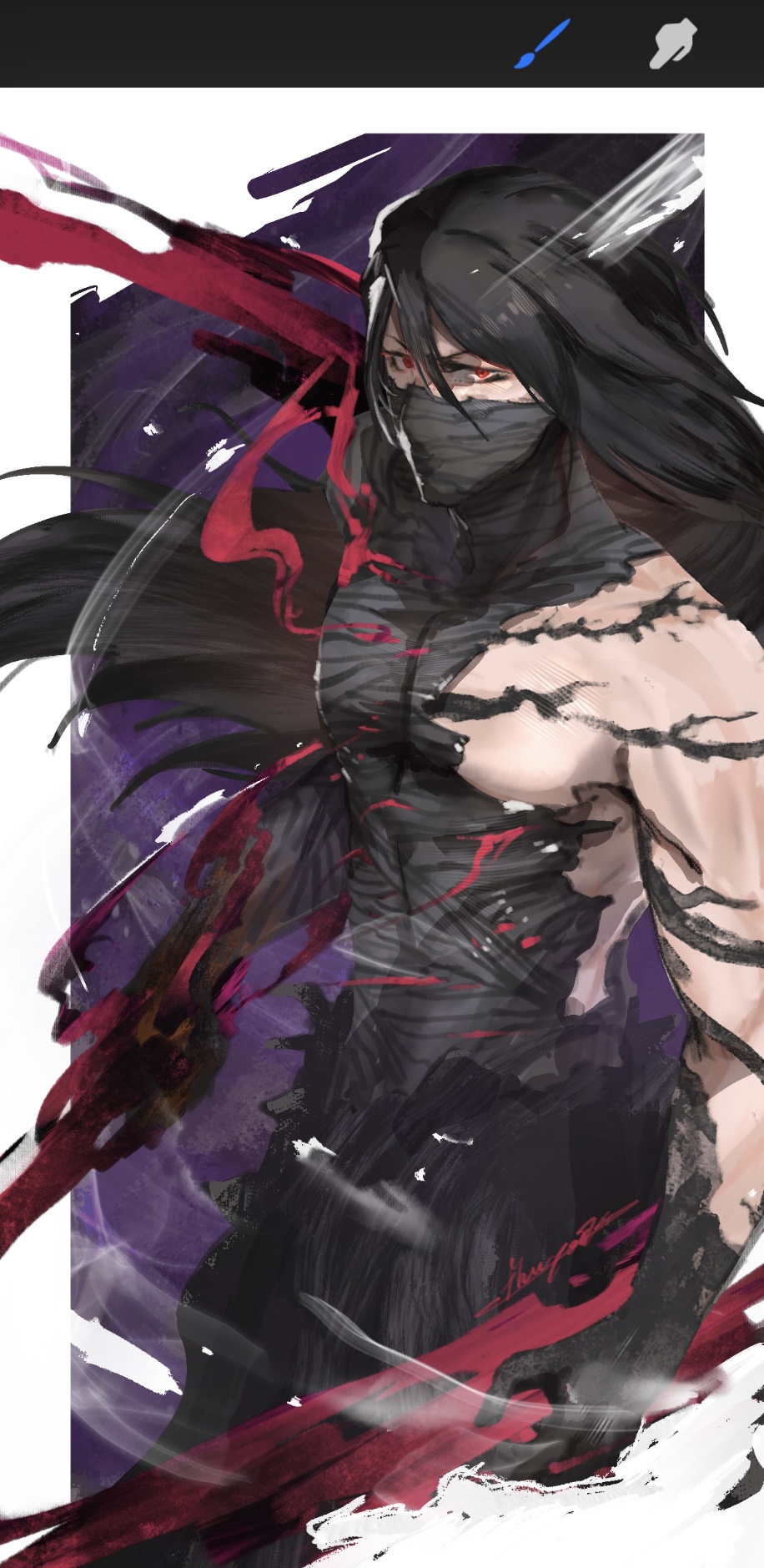 ikuyoan, kurosaki ichigo, bleach, highres, 1boy, abstract background, art program in frame, bandage on chest, bandage on face, bandage on neck, bandaged arm, bandaged hand, bandaged stomach, bandages, black hair, black hakama, border, floating hair, hair between eyes, hakama, hakama skirt, japanese clothes, long hair, looking at viewer, male focus, mugetsu form (bleach), outside border, purple background, red eyes, sidelocks, signature, single bare shoulder, skirt, solo, striped background, torn bandages, twitter username, very long hair, white border