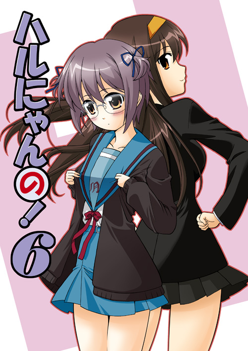 nagato yuki, suzumiya haruhi, suzumiya haruhi no shoushitsu, suzumiya haruhi no yuuutsu, non-web source, 00s, 10s, alternate costume, alternate hairstyle, back-to-back, blazer, cardigan, glasses, hair ribbon, hair tie, hand on own hip, hip focus, jacket, kouyouen academy school uniform, long hair, looking back, official alternate hair length, official alternate hairstyle, profile, ribbon, school uniform, serafuku, short hair, short twintails, twintails