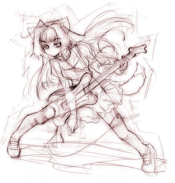 akata itsuki, original, 1girl, animal ears, female focus, guitar, instrument, monochrome, purple theme, sketch, solo, tail