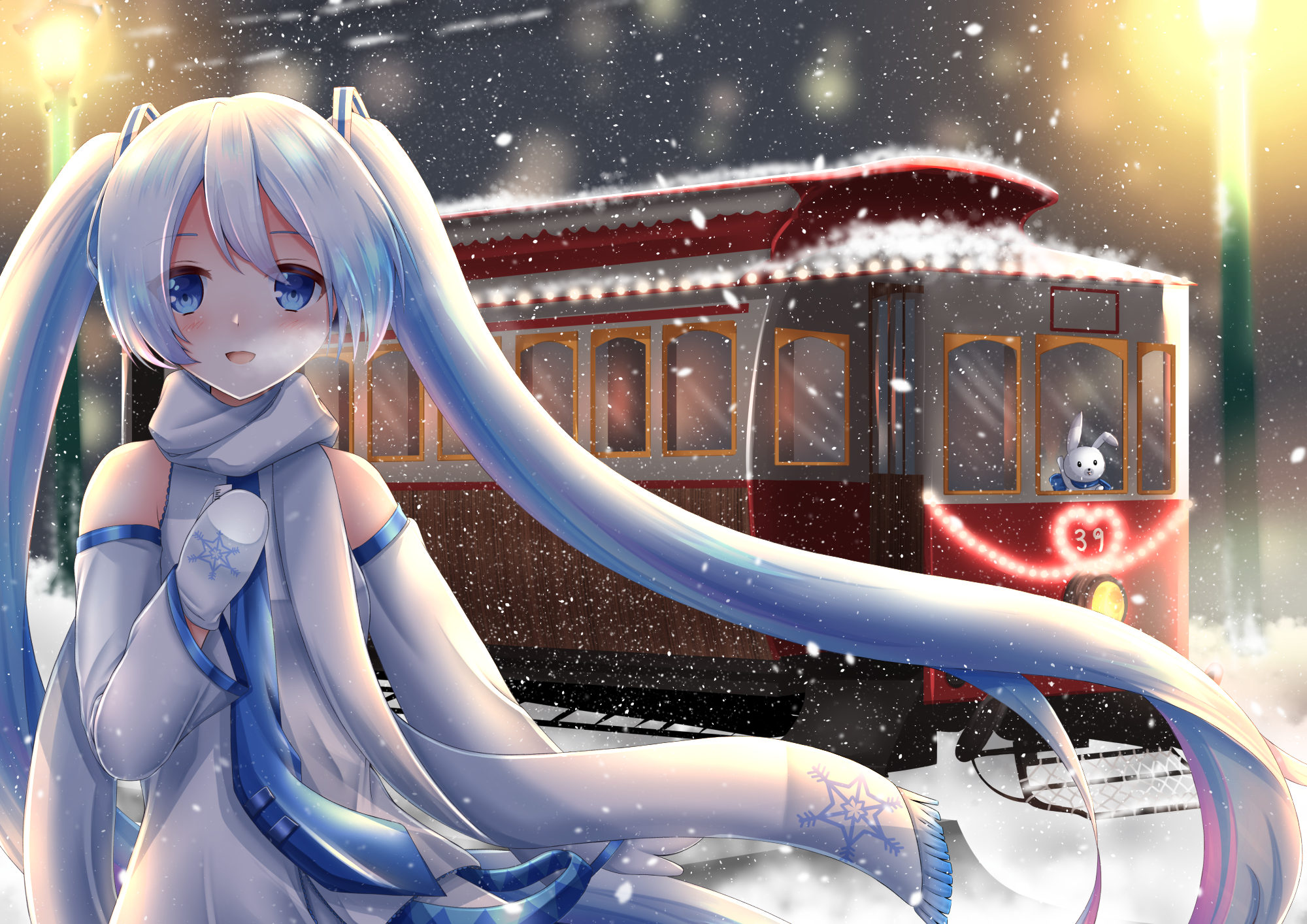 n rinkoro, hatsune miku, rabbit yukine, yuki miku, yuki miku (2011), vocaloid, highres, 1girl, 39, blue eyes, blue necktie, blush, breath, detached sleeves, hair between eyes, hair ornament, hand on own chest, lamppost, long hair, long sleeves, mittens, necktie, night, official alternate costume, official alternate hairstyle, open mouth, rabbit, scarf, shirt, sleeveless, sleeveless shirt, smile, snow, snowflake print, train, twintails, very long hair, white hair, white mittens, white scarf, wide sleeves