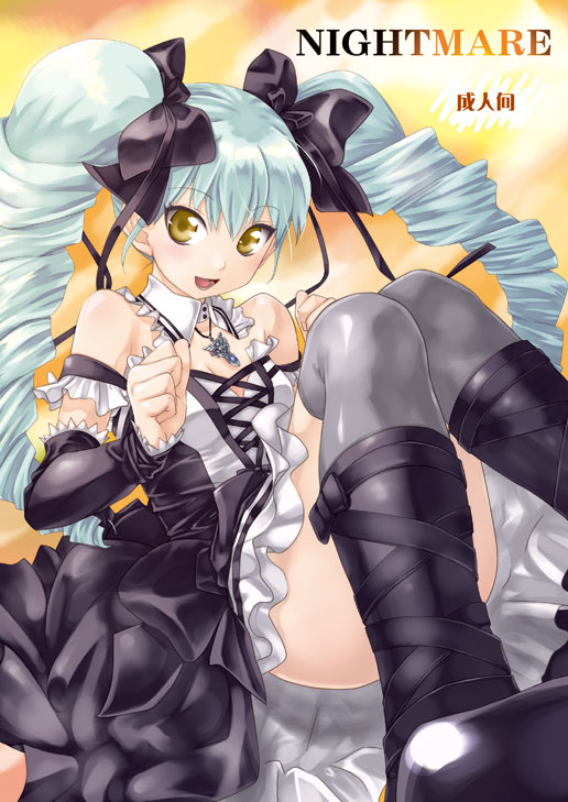 hikabe sakuho, venefsukja natsuki, lux-pain, aqua hair, dress, drill hair, gothic lolita, lolita fashion, solo, thighhighs, twin drills, twintails, yellow eyes