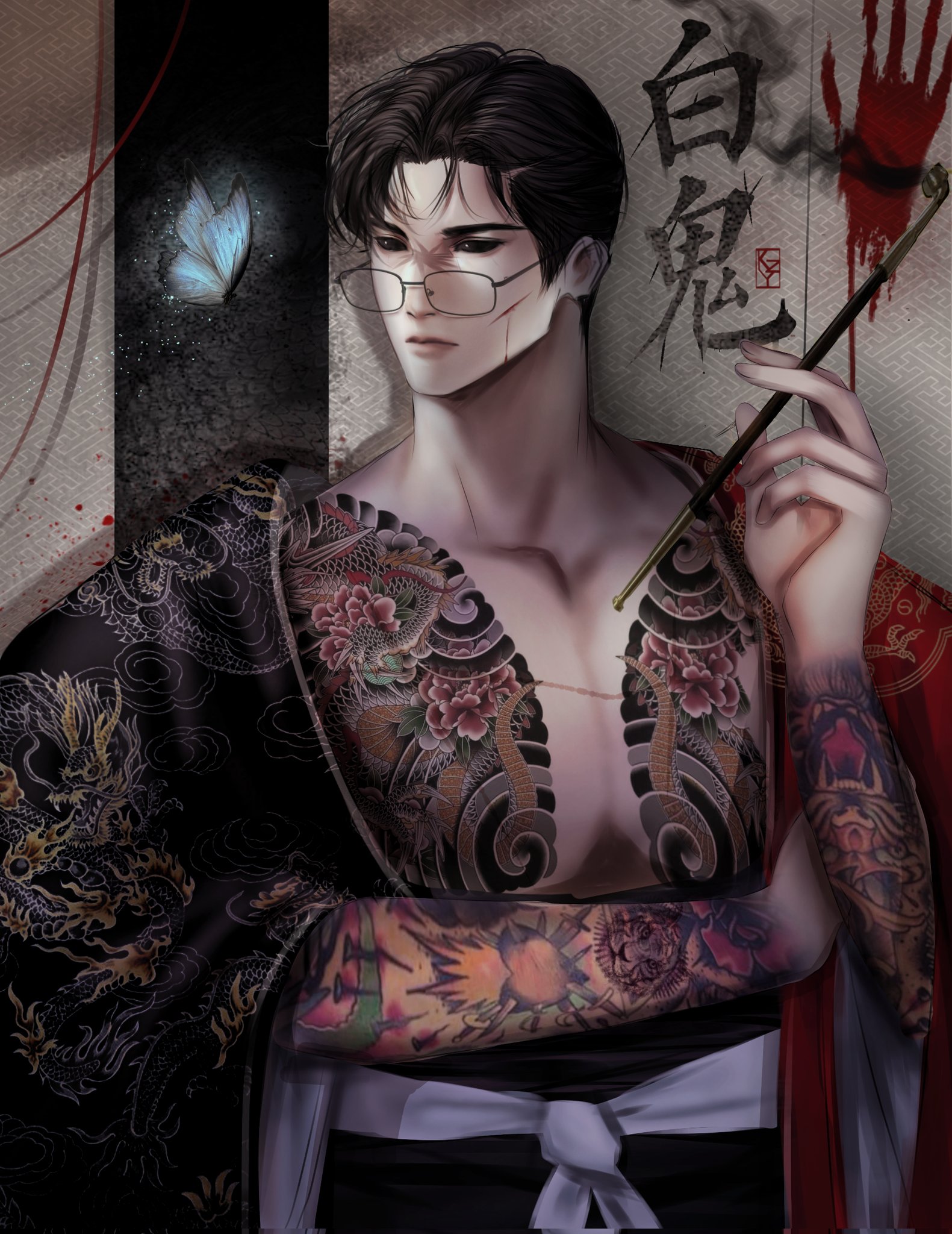 lookism, highres, 1boy, arm tattoo, black hair, black sclera, chest tattoo, colored sclera, glasses, holding, holding smoking pipe, japanese clothes, kazyeon1, kimono, open clothes, park jong-geon, scar, scar across eye, scar on face, short hair, smoking pipe, solo, tattoo, upper body