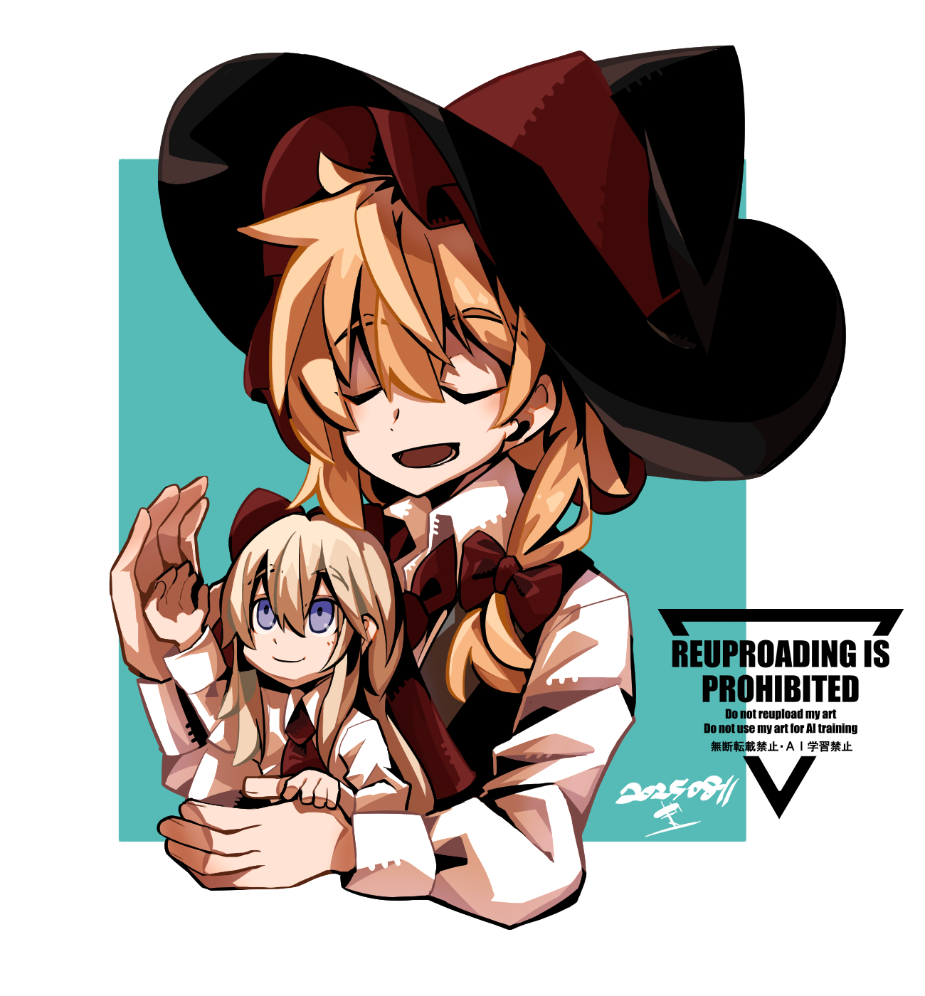 ar gint, kirisame marisa, shanghai doll, cookie (touhou), touhou, highres, 2girls, aqua background, blonde hair, blue eyes, border, closed eyes, doll, hat, long hair, multiple girls, open mouth, upper body, white border, witch hat