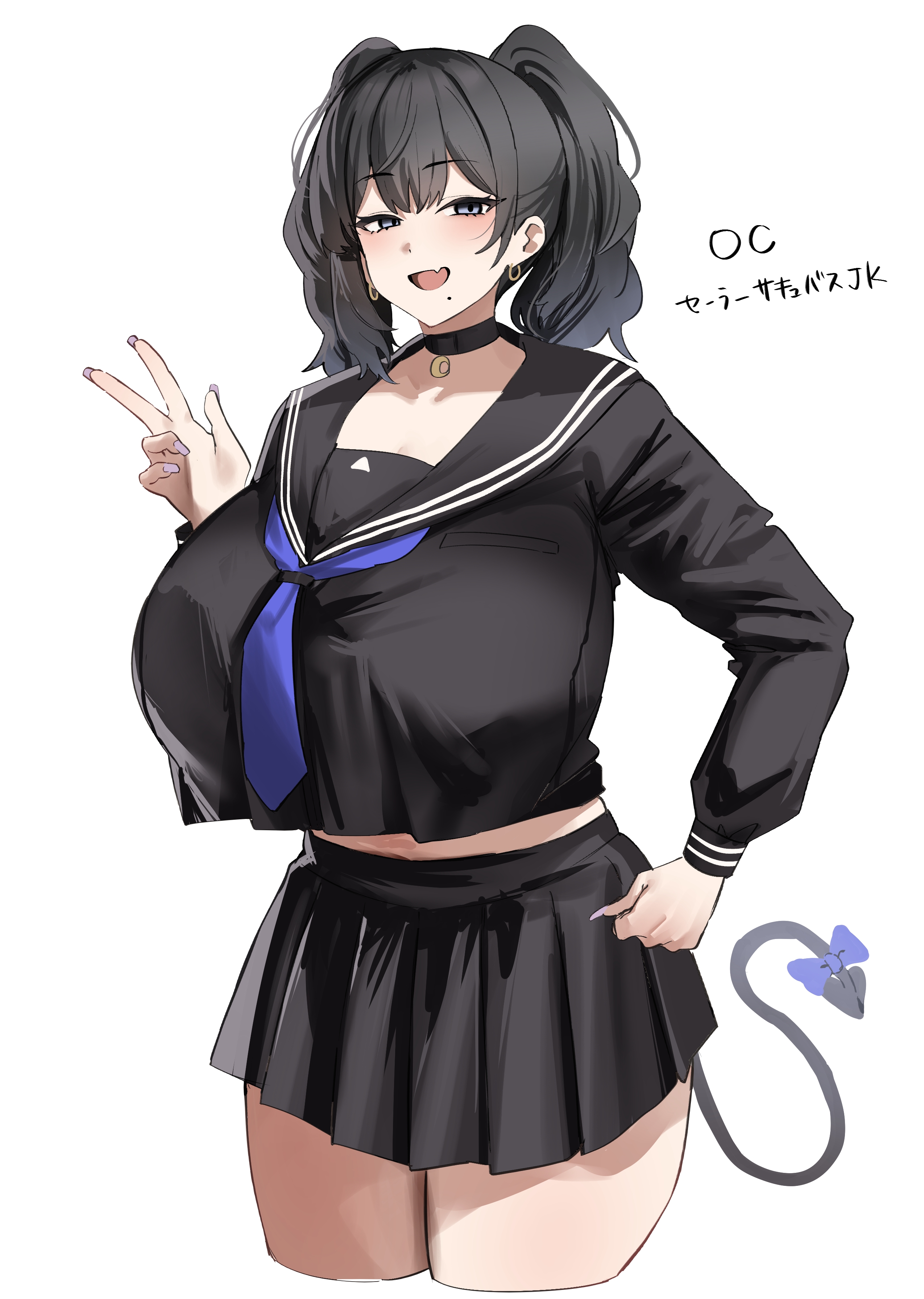 hotate-chan, original, absurdres, highres, 1girl, black choker, black hair, black serafuku, blue sailor collar, bow, breasts, choker, crop top, crop top overhang, fingernails, huge breasts, long fingernails, miniskirt, nail polish, neckerchief, pink nails, pleated skirt, sailor collar, school uniform, serafuku, skirt, tail, tail bow, tail ornament, twintails, v
