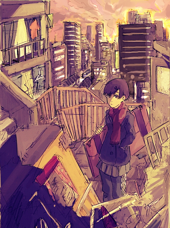 132, 1girl, androgynous, city, cityscape, female focus, scarf, scenery, solo, winter