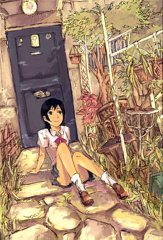 132, 1girl, arm support, chair, door, female focus, flower pot, kneehighs, school uniform, serafuku, sitting, socks, solo