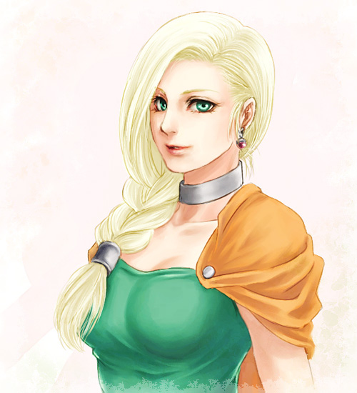 kanoca, bianca (dq5), dragon quest, dragon quest v, 1girl, blonde hair, braid, cape, earrings, female focus, green eyes, hair over shoulder, jewelry, single braid, solo