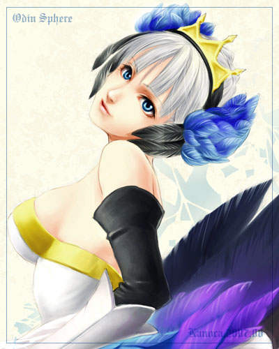 kanoca, gwendolyn (odin sphere), odin sphere, lowres, 1girl, blue eyes, copyright name, crown, dress, elbow gloves, female focus, gloves, hat, head wings, solo, strapless, strapless dress, white hair, wings