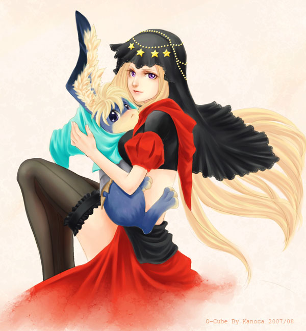 kanoca, cornelius (odin sphere), velvet (odin sphere), odin sphere, 1girl, blonde hair, hood, hug, long hair, midriff, purple eyes, thighhighs