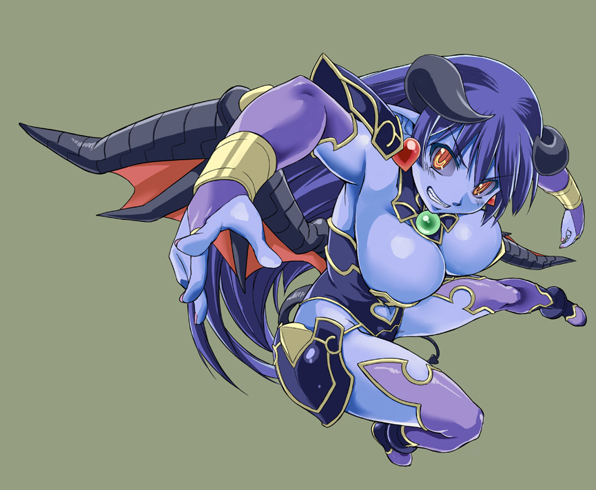 kumacchi, astaroth (shinrabanshou), shinrabanshou, 1girl, black sclera, blue hair, blue skin, boots, breasts, cleavage, colored sclera, colored skin, demon girl, demon tail, earrings, female focus, heart, heart earrings, horns, jewelry, large breasts, long hair, orange eyes, pointy ears, purple boots, solo, tail, thighhighs, wings