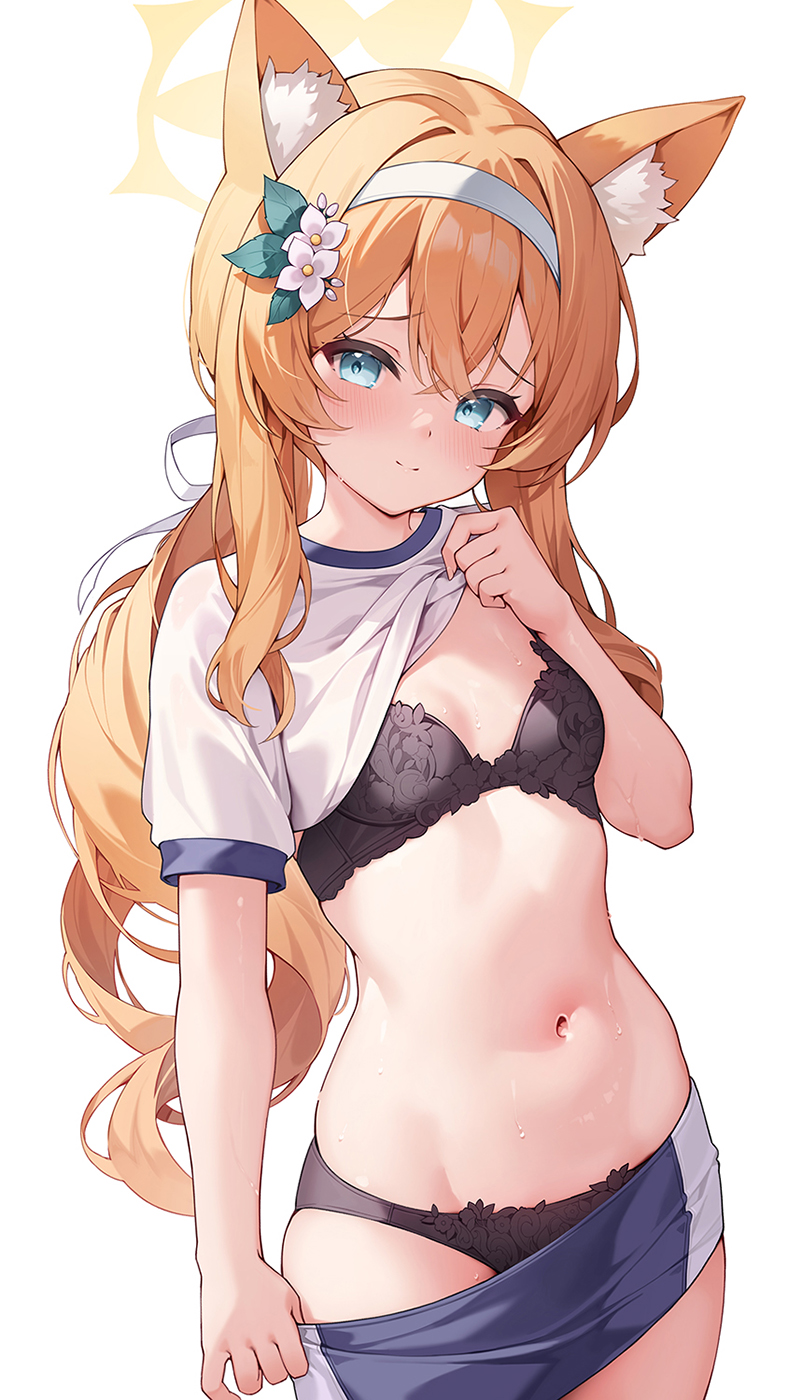 pinki o64, mari (blue archive), mari (track) (blue archive), blue archive, commentary request, highres, 1girl, animal ear fluff, animal ears, black bra, black panties, blue eyes, blush, bra, breasts, cat ears, cat girl, closed mouth, clothes lift, clothes pull, gym shirt, gym shorts, hairband, halo, lifting own clothes, long hair, looking at viewer, navel, official alternate costume, orange hair, panties, pulling own clothes, shirt, shirt lift, short sleeves, shorts, shorts pull, simple background, small breasts, solo, standing, stomach, underwear, wet, white background, white hairband, white shirt, yellow halo