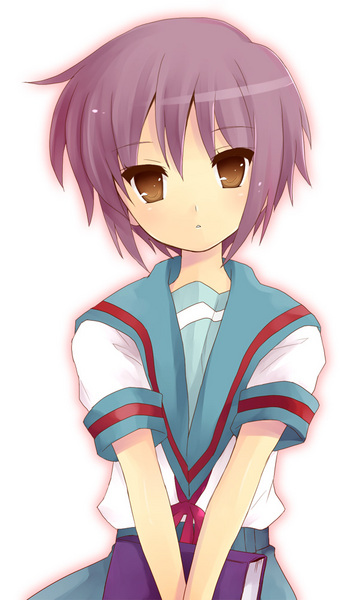 hijikini, nagato yuki, suzumiya haruhi no yuuutsu, 00s, book, purple hair, school uniform, serafuku, short hair, yellow eyes