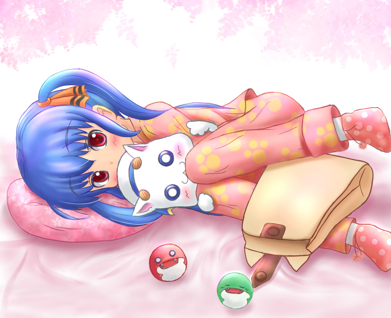 aria pokoteng, kooh (pangya), papel (pangya), aria (manga), pangya, 00s, blue hair, cat, child, crossover, long hair, pajamas, red eyes, ribbon, socks, solo, stuffed toy, twintails
