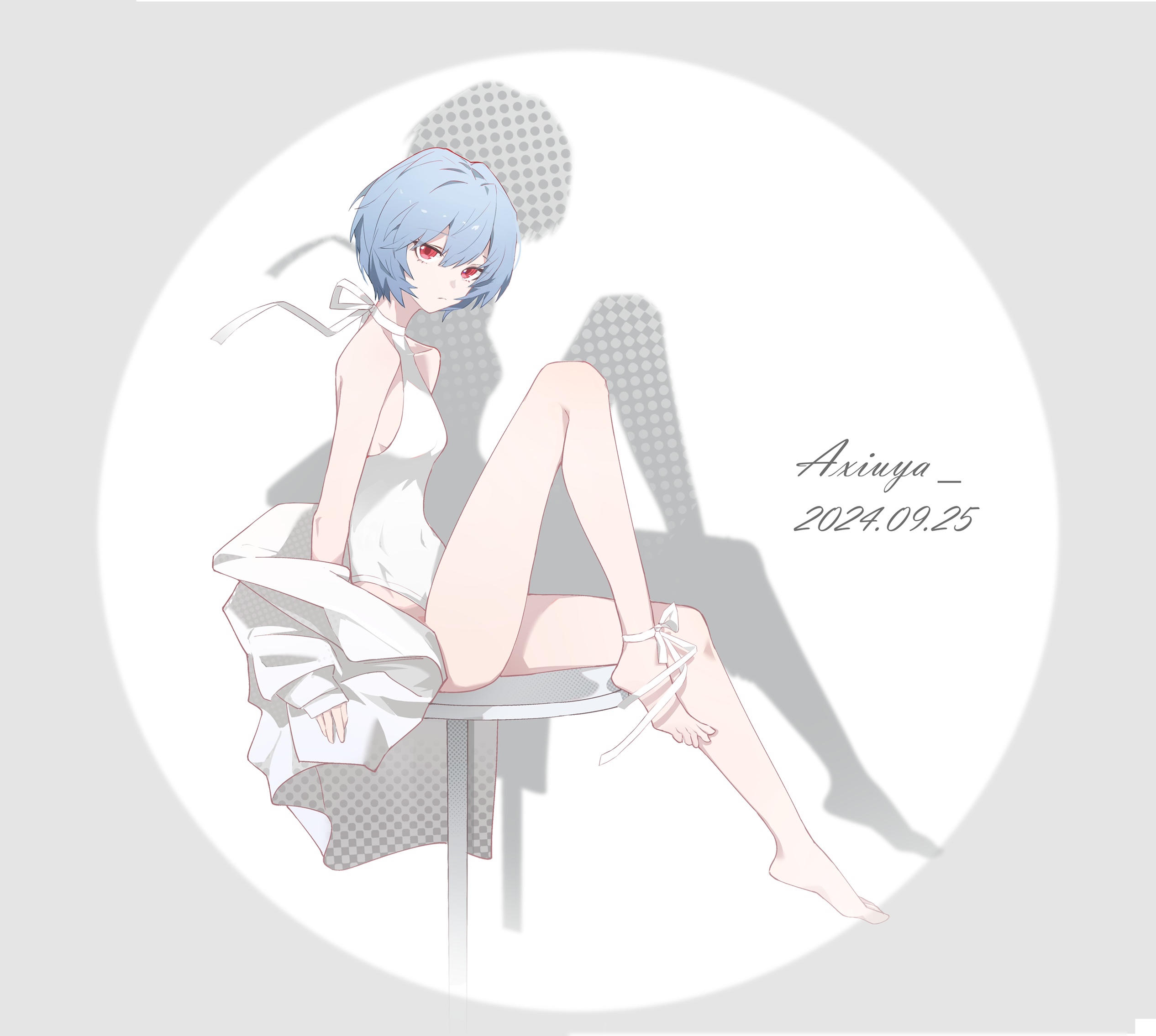 axiuya, ayanami rei, neon genesis evangelion, highres, 1girl, barefoot, blue hair, desk, from side, looking at viewer, neck ribbon, on desk, red eyes, ribbon, school swimsuit, shadow, shirt, short hair, signature, sitting, solo, swimsuit, thighs, white shirt
