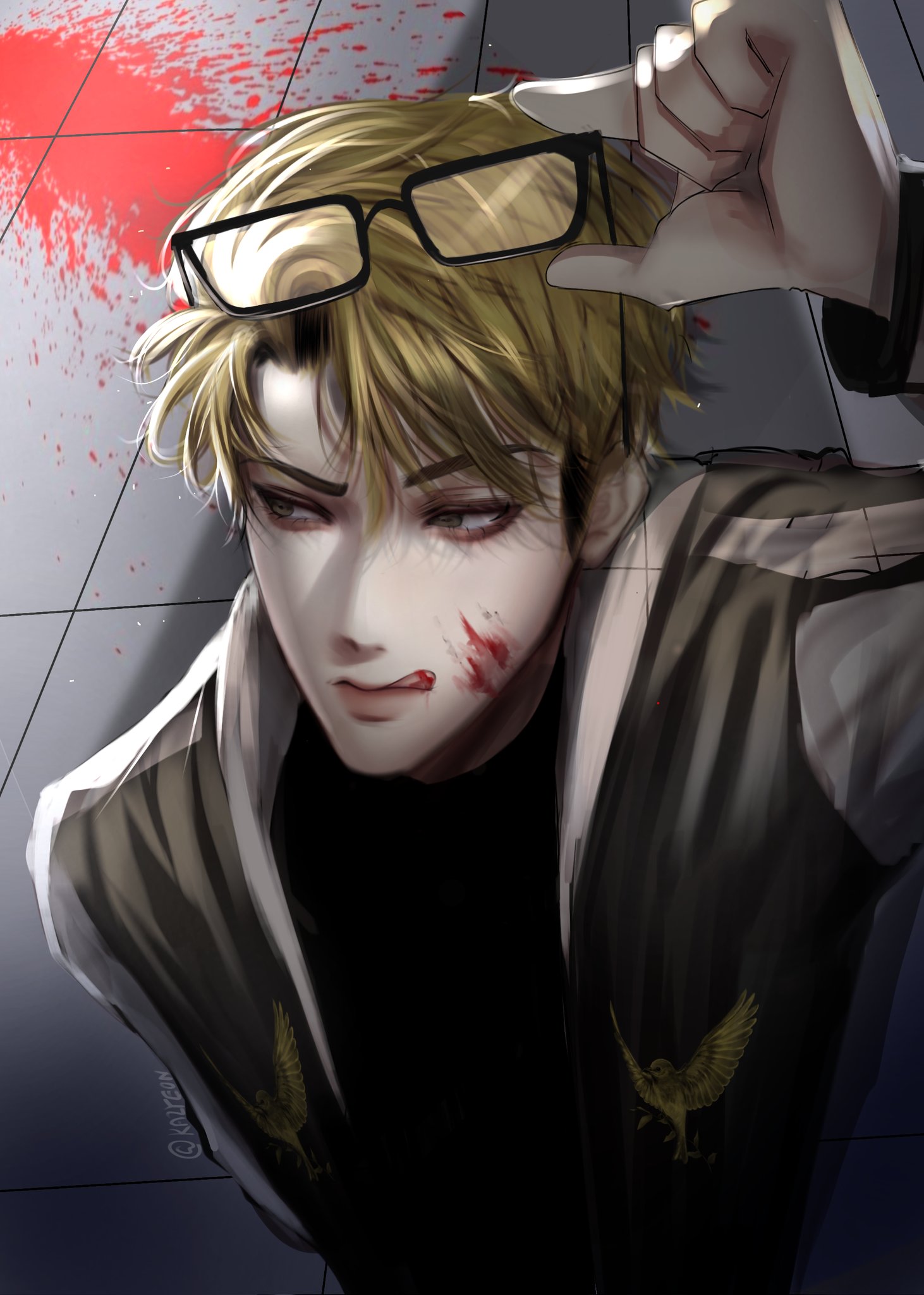 kim joon goo, lookism, highres, 1boy, blonde hair, blood, blood on face, blood on mouth, blood splatter, blood stain, glasses, hair over eyes, holding, holding removed eyewear, jacket, kazyeon1, looking to the side, messy hair, removing eyewear, serious, short hair, solo, unworn eyewear, upper body