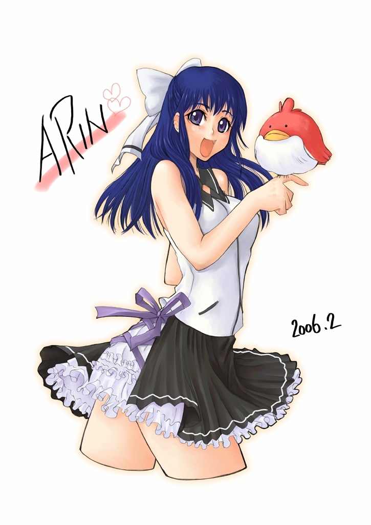 arin (pangya), pangya, 1girl, bird, bird on hand, character name, female focus, legs, long hair, open mouth, ribbon, skirt, smile, solo