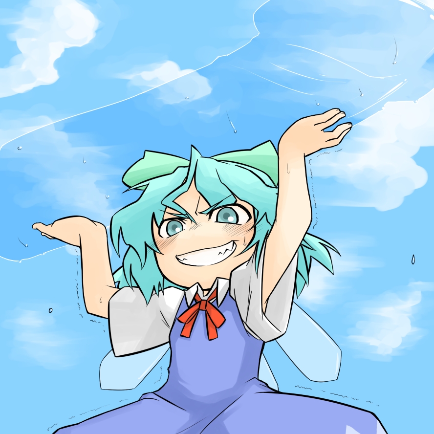 ogihara mach, cirno, shoot the bullet, touhou, bad id, bad pixiv id, 1girl, blue eyes, blue hair, bow, dildo, grin, ice, matching hair/eyes, penis, sex toy, smile, solo, when you see it, wings, you gonna get raped