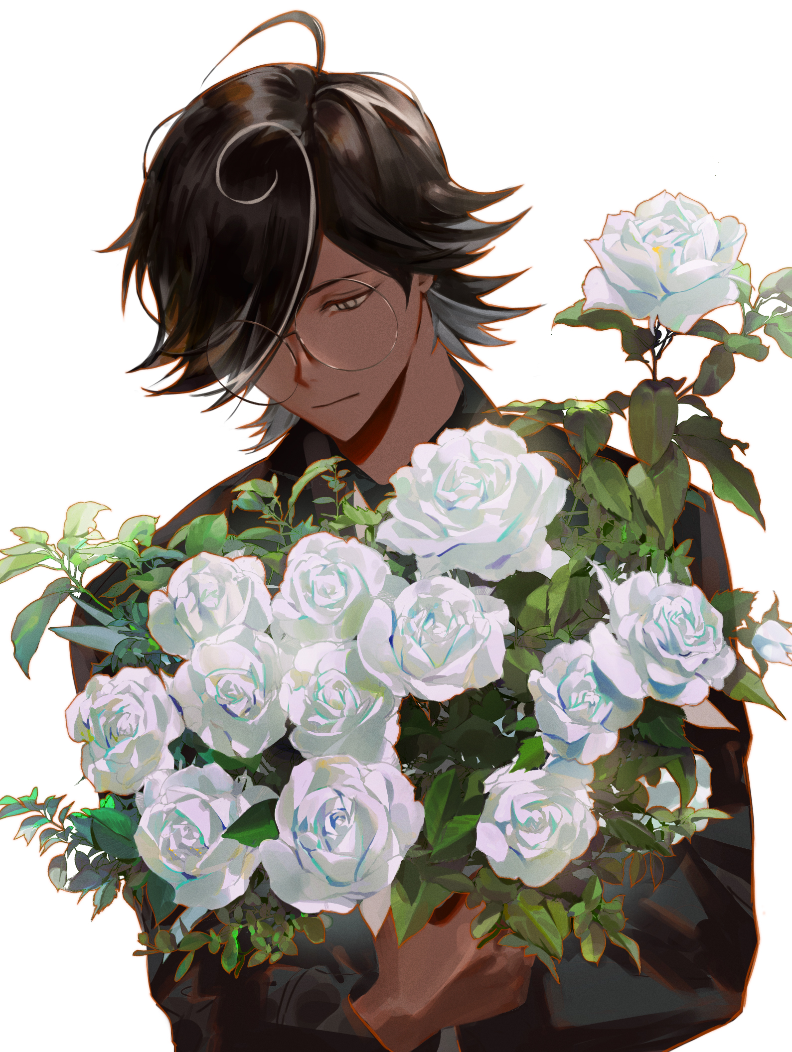 h nut, espresso cookie, cookie run, cookie run: kingdom, highres, korean commentary, 1boy, ahoge, black hair, black shirt, bouquet, brown eyes, collared shirt, dark-skinned male, dark skin, expressionless, flower, glasses, hair over one eye, holding, holding bouquet, humanization, long sleeves, looking at flowers, looking down, male focus, multicolored hair, one eye covered, rose, round eyewear, shirt, short hair, simple background, solo, streaked hair, upper body, white background, white flower, white rose