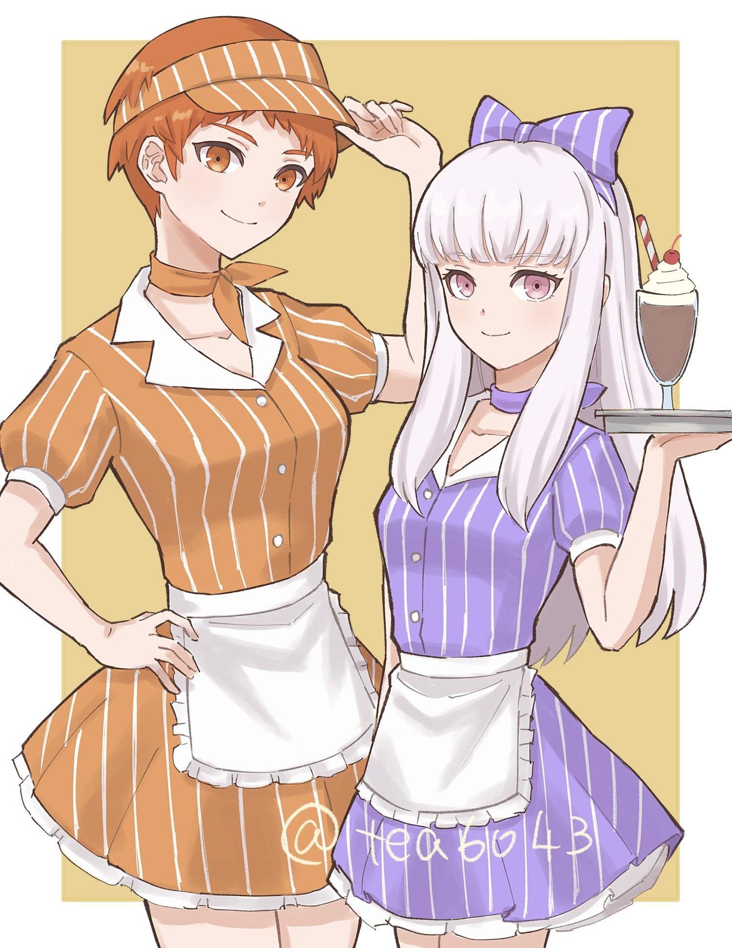 tea6043, leonie pinelli, lysithea von ordelia, fire emblem, fire emblem: three houses, nintendo, highres, 2girls, alternate costume, apron, bandana, bandana around neck, blush, bow, breasts, cherry, closed mouth, collarbone, cup, drinking straw, food, fruit, hair bow, hat, holding, holding tray, long hair, looking at viewer, milkshake, multiple girls, orange bandana, orange eyes, orange hair, orange shirt, orange skirt, pink eyes, purple bandana, purple shirt, purple skirt, shirt, short hair, short sleeves, simple background, skirt, smile, striped clothes, tray, vertical-striped clothes, visor cap, waist apron, waitress, whipped cream, white apron, white hair