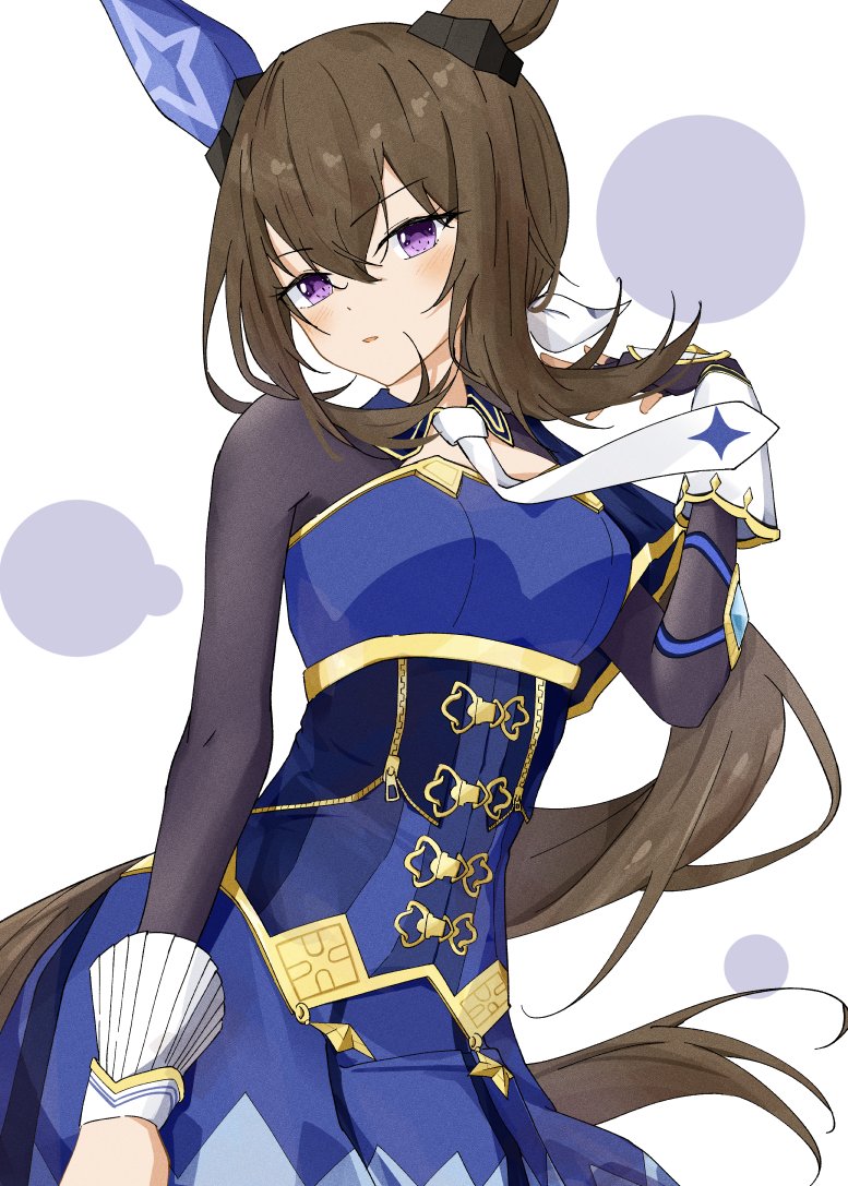 ka ga chi, admire vega (starry nocturne) (umamusume), admire vega (umamusume), umamusume, 1girl, animal ears, blue dress, blush, breasts, brown hair, corset, dress, ear covers, ear ornament, fingerless gloves, gloves, hair between eyes, horse ears, horse girl, horse tail, long hair, long sleeves, looking at viewer, low ponytail, necktie, parted lips, ponytail, purple eyes, simple background, single ear cover, single fingerless glove, solo, tail, upper body, white necktie