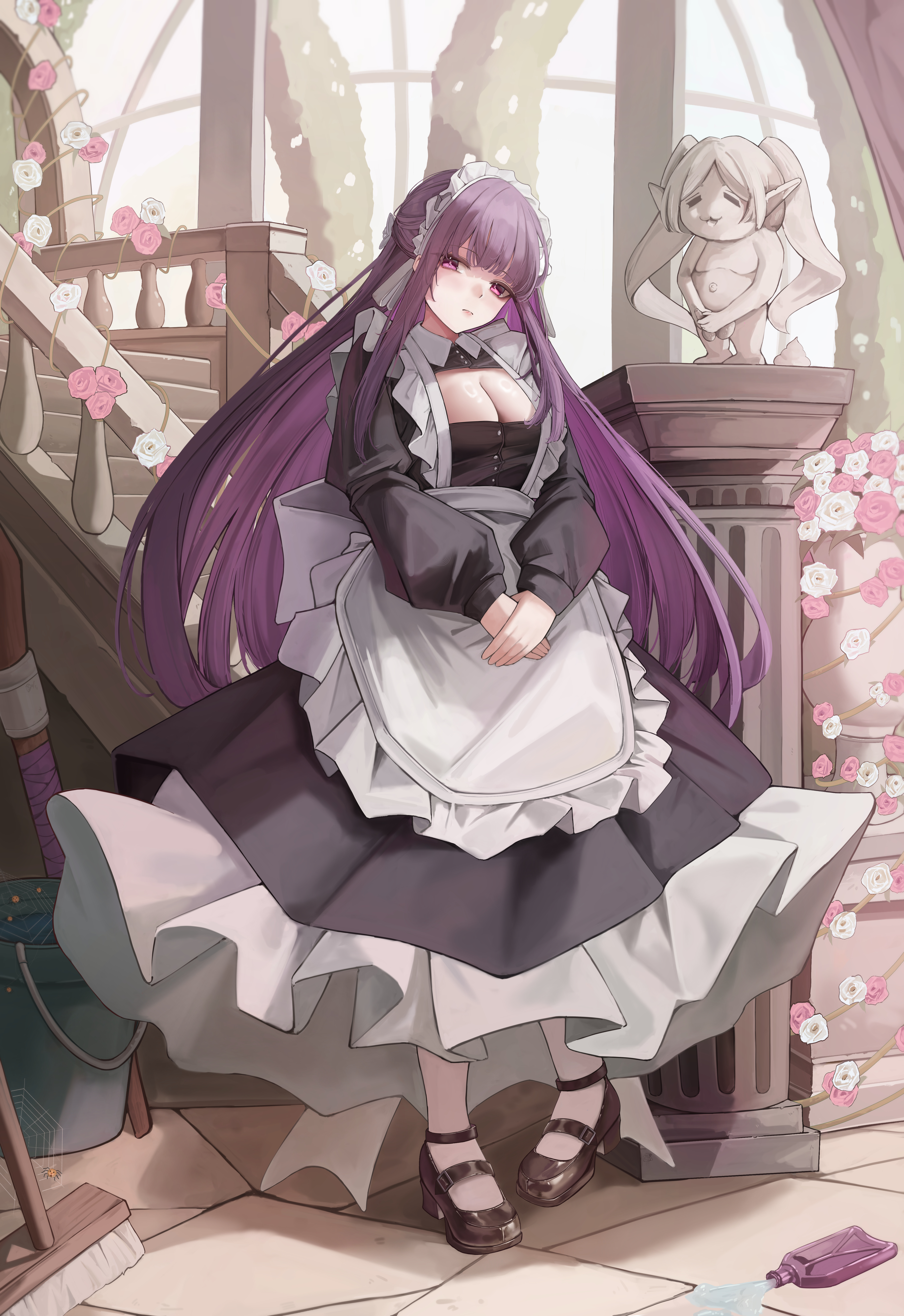 about fg, fern (sousou no frieren), frieren, sousou no frieren, absurdres, highres, 1girl, apron, black dress, blunt bangs, breasts, cleavage, cleavage cutout, clothing cutout, dress, full body, large breasts, long hair, long sleeves, looking at viewer, maid, maid headdress, purple eyes, purple hair, sidelocks, solo, statue, white apron