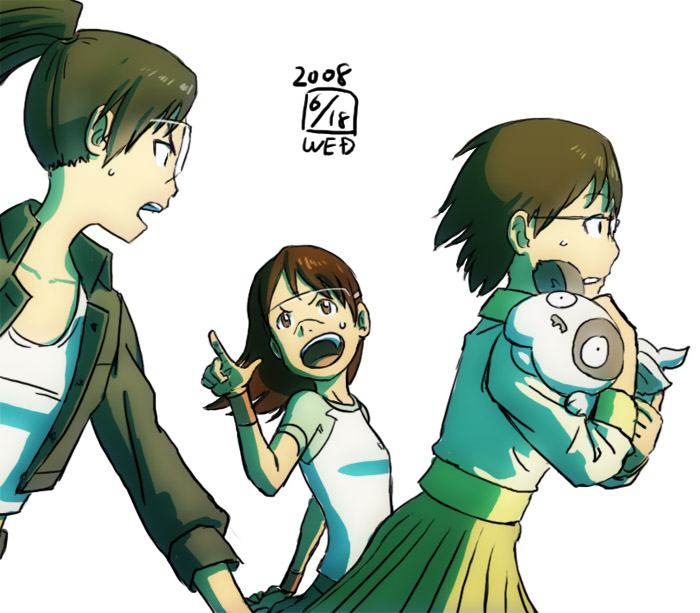 cpt, ikeda (cpt), amasawa yuuko, densuke (dennou coil), hashimoto fumie, okonogi yuuko, dennou coil, visor, 00s, brown eyes, brown hair, dog, glasses, jacket, long hair, pointing, raglan sleeves, short hair, skirt, twintails