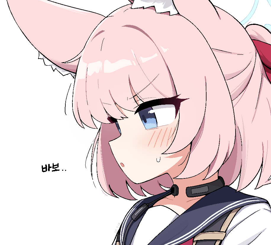 tagyeokgam, niko (blue archive), blue archive, 1girl, :o, animal ear fluff, animal ears, blue eyes, blue halo, blue sailor collar, blush, fox ears, from side, halo, open mouth, pink hair, portrait, sailor collar, simple background, solo, white background